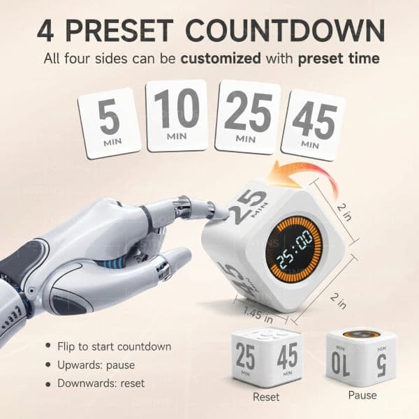 White Pomodoro Timer – Rechargeable Gravity Rotating Cube - Image 4