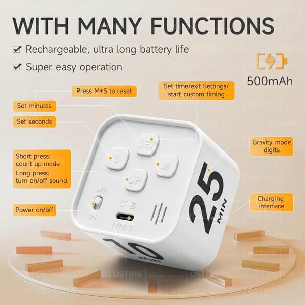 White Pomodoro Timer – Rechargeable Gravity Rotating Cube - Image 3
