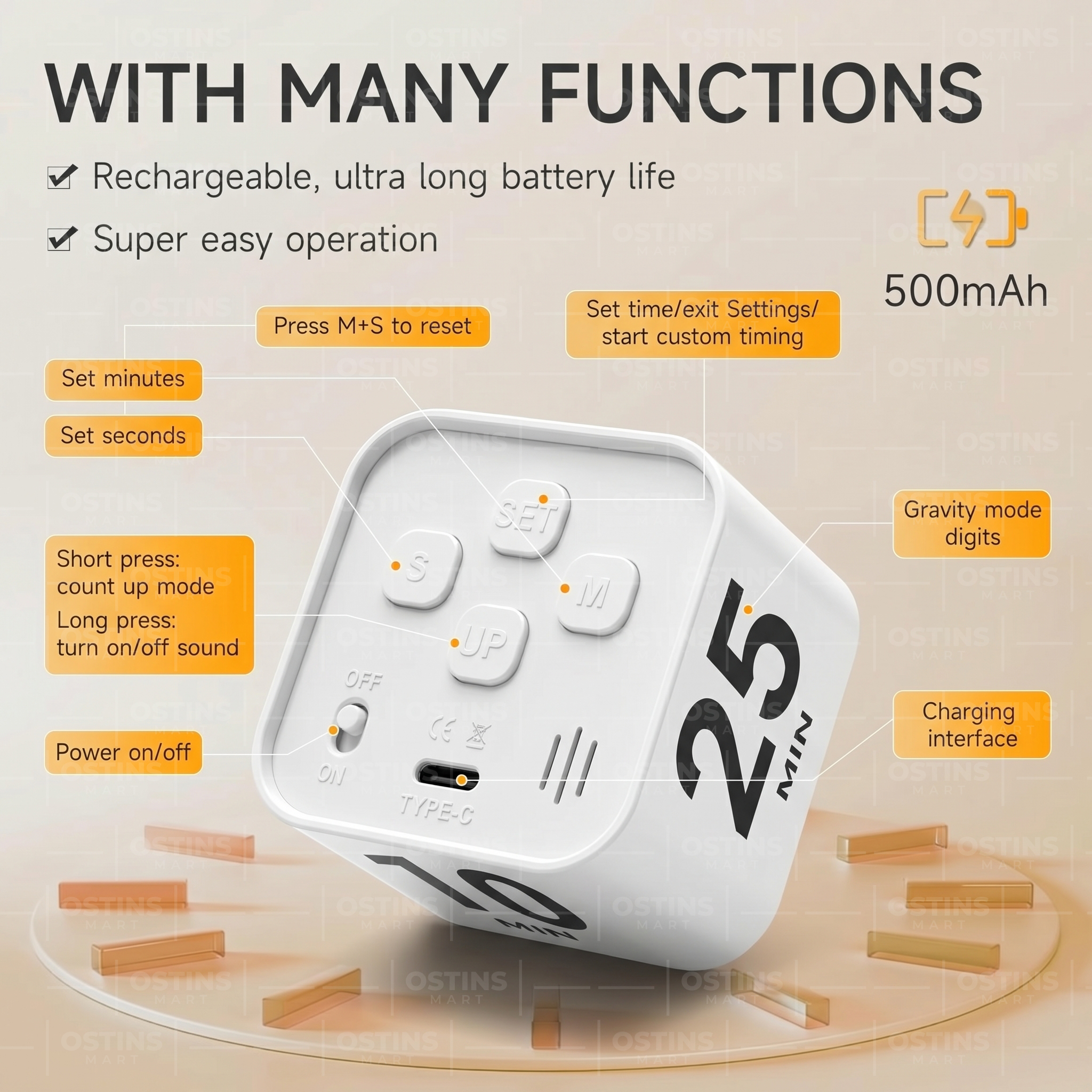 Rechargeable White Rotating Pomodoro Timer for Study, Work & Productivity - Image 3